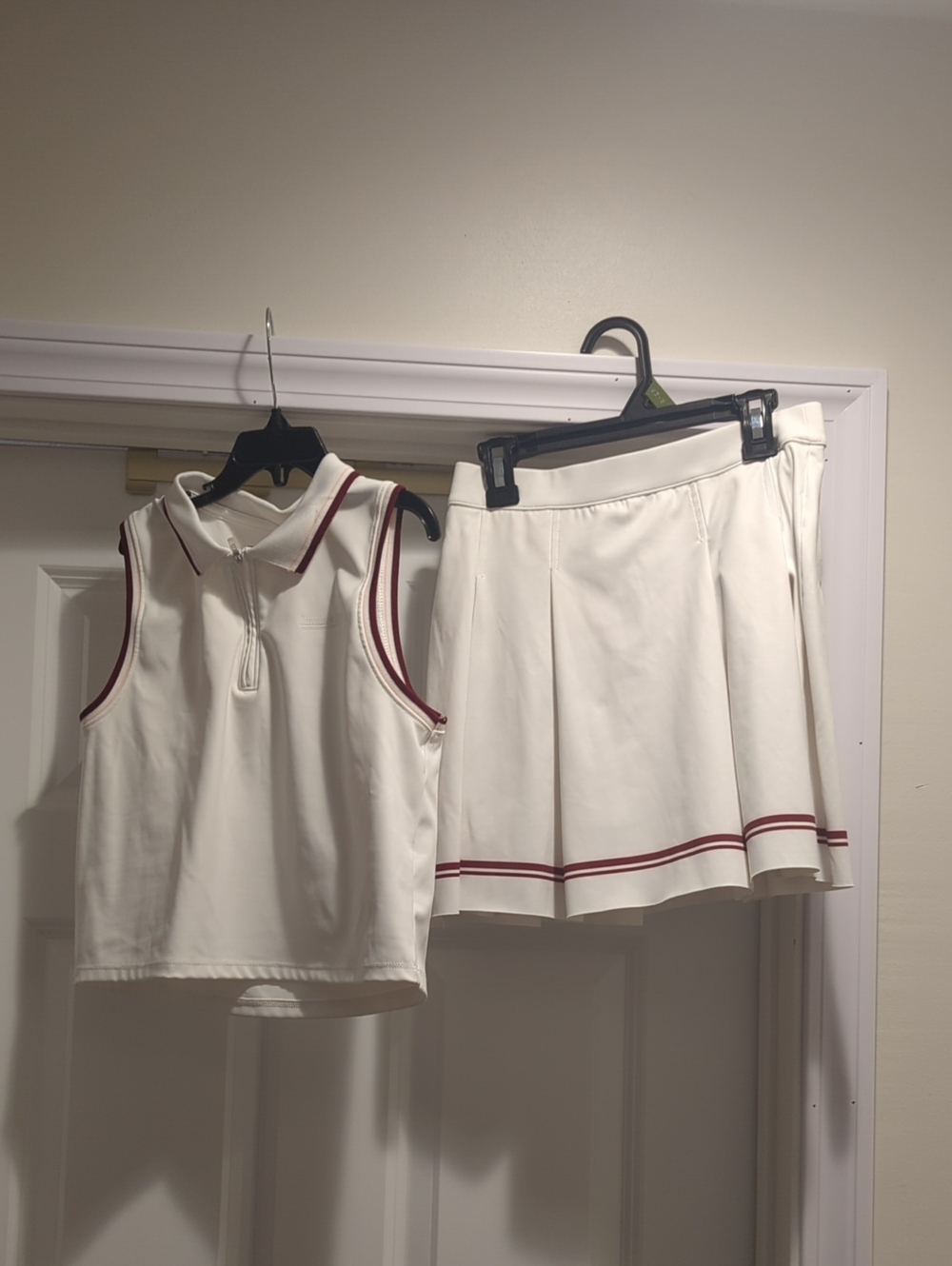 Zara White Sleeveless Polo & Pleated Skirt with Maroon Trim